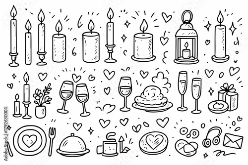 Hand-drawn doodle vector set of candles and romantic dinner icons created in a fun sketchy ink-pen style, AI, EPS, JPG, PNG, isolated on white background
