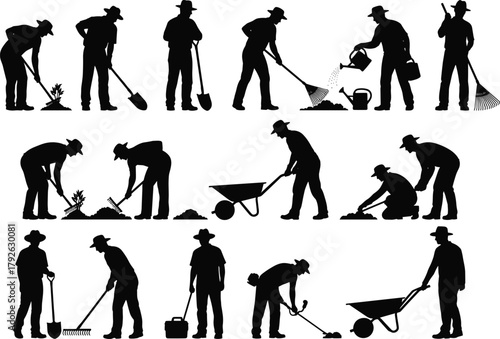 Gardening silhouette, landscaping worker, black vector, outdoor labor, garden tools, shovel pose, watering can, rake motion, trimming grass, manual task