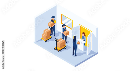 Dedicated delivery team efficiently transports packages, ensuring seamless logistics and exceptional customer service in a modern facility