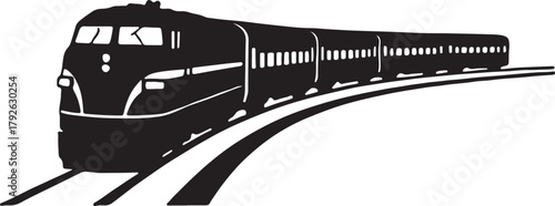 A sleek black and white illustration depicting a streamlined passenger train