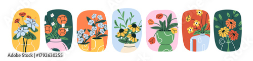 Flowers in glass vases set. Blooming bouquets of roses, tulips and peonies in ceramic pots with different shapes. Patterned jugs with wildflower posies. Flat isolated vector illustrations on white.