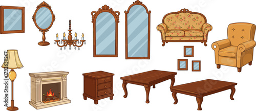 Vintage furniture and home decor set with mirrors, fireplace, and seating, vector illustration for interior design and editorial content