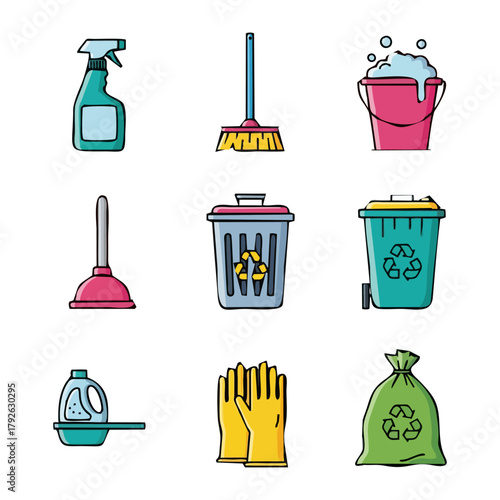 Cleaning and recycling icons: spray, broom, bucket, plunger, bins, gloves, bag.