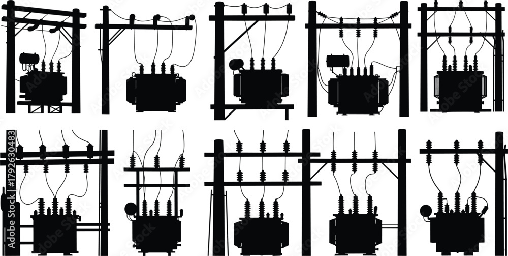 Naklejka premium Silhouette vector illustration of electrical transformers mounted on utility poles—power grid infrastructure, voltage system, energy distribution layout, industrial network design