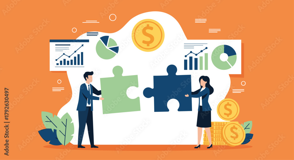Fototapeta premium Business partners strategically connect puzzle pieces to achieve financial success amidst growth charts and coins