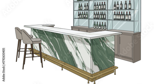 Elegant marble bar with plush stools and illuminated bottle display offers a sophisticated ambiance for upscale entertaining