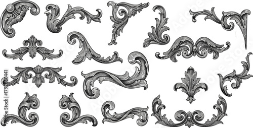 Vintage flourish and scrollwork elements in engraved style, vector illustration for classical design, decorative embellishment, and baroque motif concept