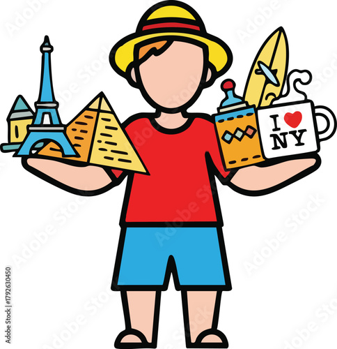 Traveler Holding Iconic Landmarks and Souvenirs A Man With Eiffel Tower Pyramid Surfboard and I Love NY Mug Illustration