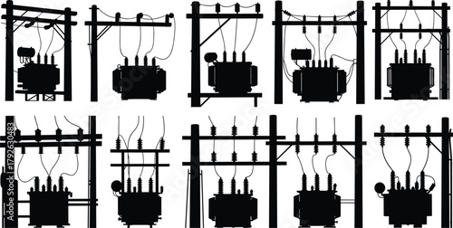 Silhouette vector illustration of electrical transformers mounted on utility poles—power grid infrastructure, voltage system, energy distribution layout, industrial network design