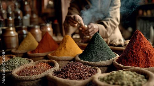 Fototapeta Naklejka Na Ścianę i Meble -  Vibrant spice stall in Marrakech souk, with turmeric, saffron, paprika, rosebuds, brass scoop, jute sacks, vendor's hand, incense smoke