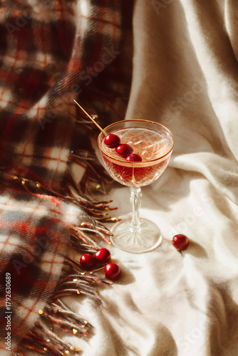 Vintage Cocktail on Plaid Fabric with Holiday Mood