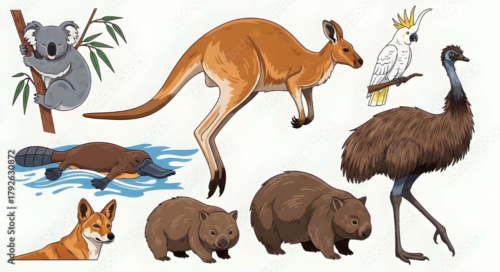 Obraz premium Ilustración de vida silvestre australiana vectorial con imagen de animales canguro koala ornitorrinco emu wombat cacatúa y dingo
