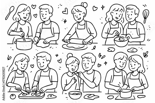 Hand-drawn doodle vector set of couples cooking or baking together created in a fun sketchy ink-pen style, AI, EPS, JPG, PNG, isolated on white background
