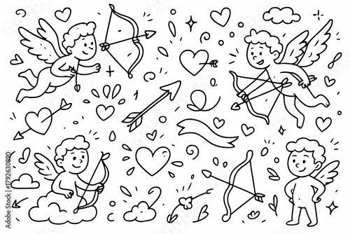 Hand-drawn doodle vector set of Cupid and bow arrows created in a fun sketchy ink-pen style, AI, EPS, JPG, PNG, isolated on white background
