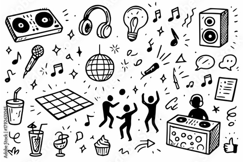 Hand-drawn doodle vector collection of dance floor and DJ icons, created in a fun, playful, sketchy doodle style, isolated on white background
