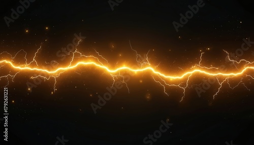 Illustration shows bright yellow lightning bolt flash isolated on black. Energy strike effect for design. symbolises power in business, nature. Electrical discharge plasma with realistic glow.