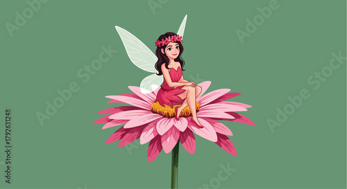 Enchanting fairy with delicate wings sits serenely atop a vibrant pink daisy, radiating magical charm and wonder in a whimsical garden setting