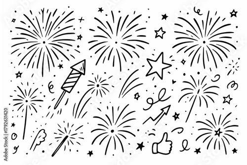 Hand-drawn doodle vector set of fireworks and sparklers created in a fun sketchy ink-pen style, AI, EPS, JPG, PNG, isolated on white background
