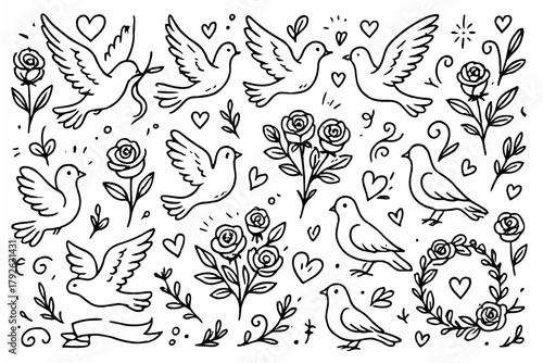 Hand-drawn doodle vector collection of doves and roses, created in a fun, sketchy doodle style, isolated on white background
