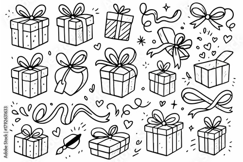 Hand-drawn doodle vector set of gift boxes and ribbons created in a fun sketchy ink-pen style, AI, EPS, JPG, PNG, isolated on white background
