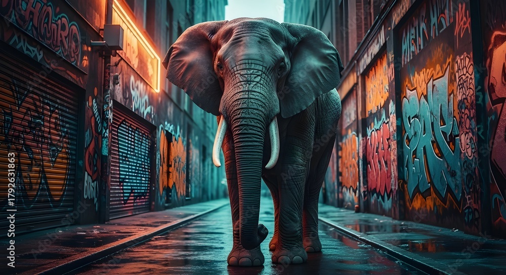 Obraz premium Un sorprendente primer plano de un majestuoso elefante se destaca sobre un fondo de vibrantes graffitis urbanos, que combinan la vida silvestre con el arte callejero contemporáneo en un entorno cautiv