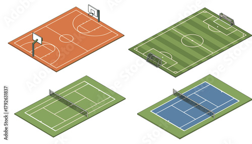 Dynamic collection of isometric sports courts including basketball soccer tennis and badminton for active lifestyle concepts