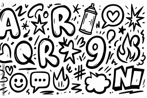 Hand-drawn doodle vector collection of graffiti black vectors, created in a fun, sketchy, street-art doodle style with bold shapes and expressive lines, isolated on white background
