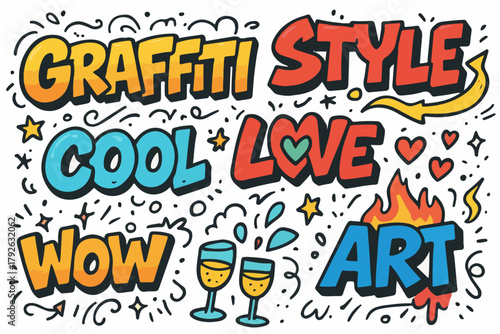 Hand-drawn doodle vector collection of graffiti colored words like cool, wow, art, love, and style, created in a fun, expressive, sketchy street-art doodle style, isolated on white background
