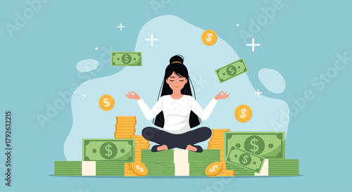 Achieve financial serenity, a woman meditating amidst stacks of money and coins, symbolizing wealth and peace of mind