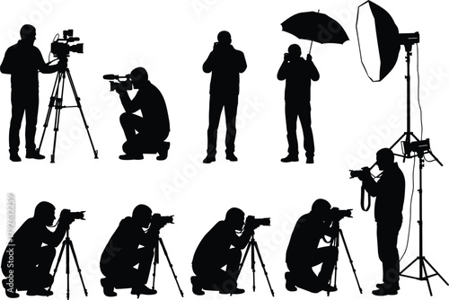 Photographer and videographer silhouettes, camera setup, tripod pose, studio lighting, professional gear, black illustration, creative shooting, visual media concept