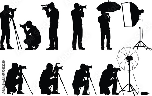 Photographer silhouette set, camera poses, tripod setup, studio lighting, photography gear, black illustration, shooting positions, creative profession, visual art