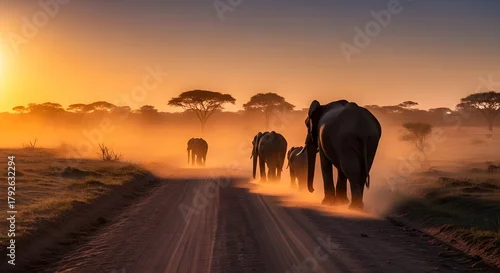 Obraz Manada de elefantes africanos caminando al atardecer