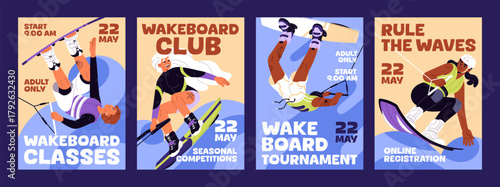 Set of wakeboarding event poster designs. Advertising templates of kiteboarding on sea. Promotion layouts with people are kitesurfing and surfing with board on waves. Flat vector illustrations.
