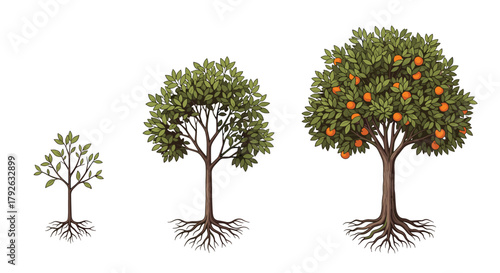 Visualize the journey from a young sapling to a bountiful fruit tree, representing growth and development