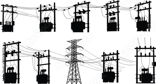 Silhouette vector illustration of electrical utility poles and transmission tower—power grid infrastructure, transformer setup, voltage system, industrial energy distribution layout