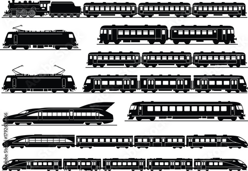 Train silhouette collection, steam locomotive, electric train, diesel engine, high-speed rail, transportation design, railway evolution, black vector illustration