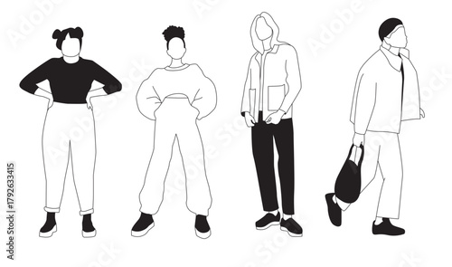 Set of 4 Queer models, Illustration Portraits Outline - Characters SVG 
