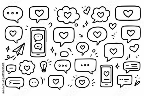 Hand-drawn doodle vector collection of online chatting doodles with hearts in message bubbles, created in a fun, playful, sketchy doodle style, isolated on white background
