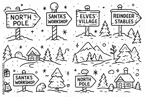 Hand-drawn doodle vector collection of North Pole signs and snowy landscapes, created in a fun, sketchy doodle style, isolated on white background
