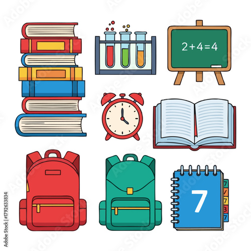 School supplies: books, test tubes, blackboard, clock, backpacks, calendar.