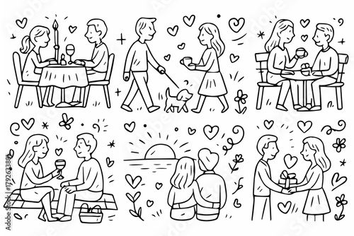 Hand-drawn doodle vector collection of romantic dates and scenes, created in a fun, playful, sketchy doodle style, isolated on white background
