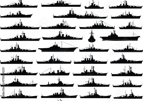 Warship silhouette grid, naval vessel icons, battleship, destroyer, aircraft carrier, military ship design, fleet comparison, black vector illustration, maritime reference