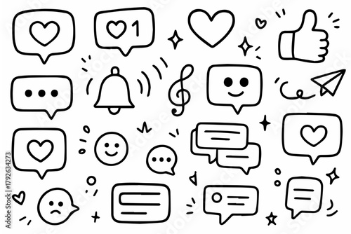 Hand-drawn doodle vector collection of social media likes and comments, created in a fun, playful, sketchy doodle style, isolated on white background
