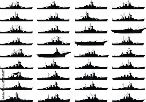 Warship silhouette collection, naval vessel icons, battleship, cruiser, destroyer, aircraft carrier, military ship design, black vector illustration, fleet comparison