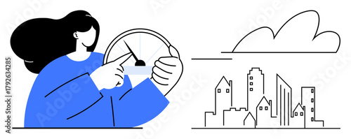 Woman pointing to gauge, measuring levels or progress. City skyline and cloud beside her. Ideal for monitoring, growth, metrics, sustainability, urban planning measurement climate. Simple flat