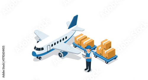 Efficient air cargo delivery with a focused logistics worker overseeing package loading for global transport
