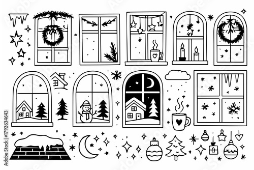 Hand-drawn doodle vector collection of window decorations and cozy snow scenes, created in a fun, sketchy doodle style, isolated on white background
