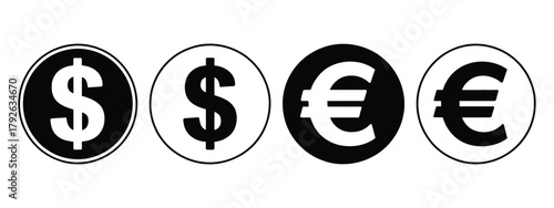 Dollar euro currency icon set, global money exchange and banking wallet symbols, financial payment and income concept, suitable for fintech and business graphics.