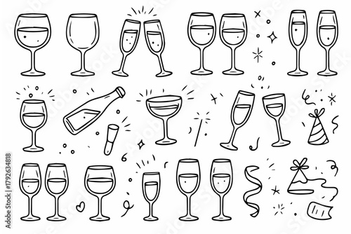 Hand-drawn doodle vector collection of wine and champagne glasses, created in a fun, playful, sketchy doodle style, isolated on white background
