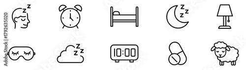 Sleep icon collection. Morning, bed, pillow, sleepy, day dreaming, night, blanket, and deep sleep icon set. UI outline icon pack. Vector Illustration.